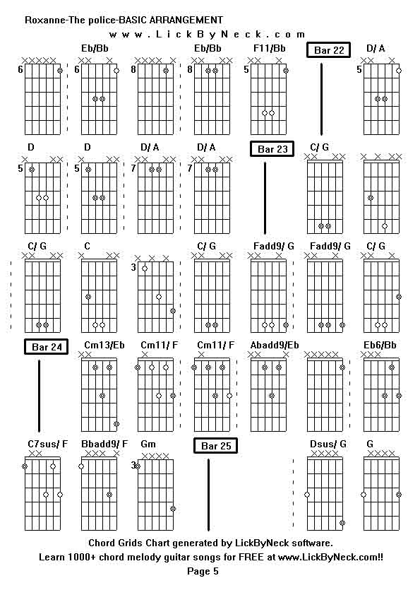 Chord Grids Chart of chord melody fingerstyle guitar song-Roxanne-The police-BASIC ARRANGEMENT,generated by LickByNeck software.